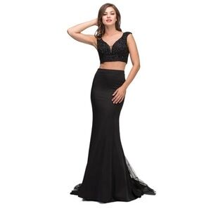 Lucci Lu Style 8261 Ruffled Tulle Maxi Skirt with Bustle Train in Black
